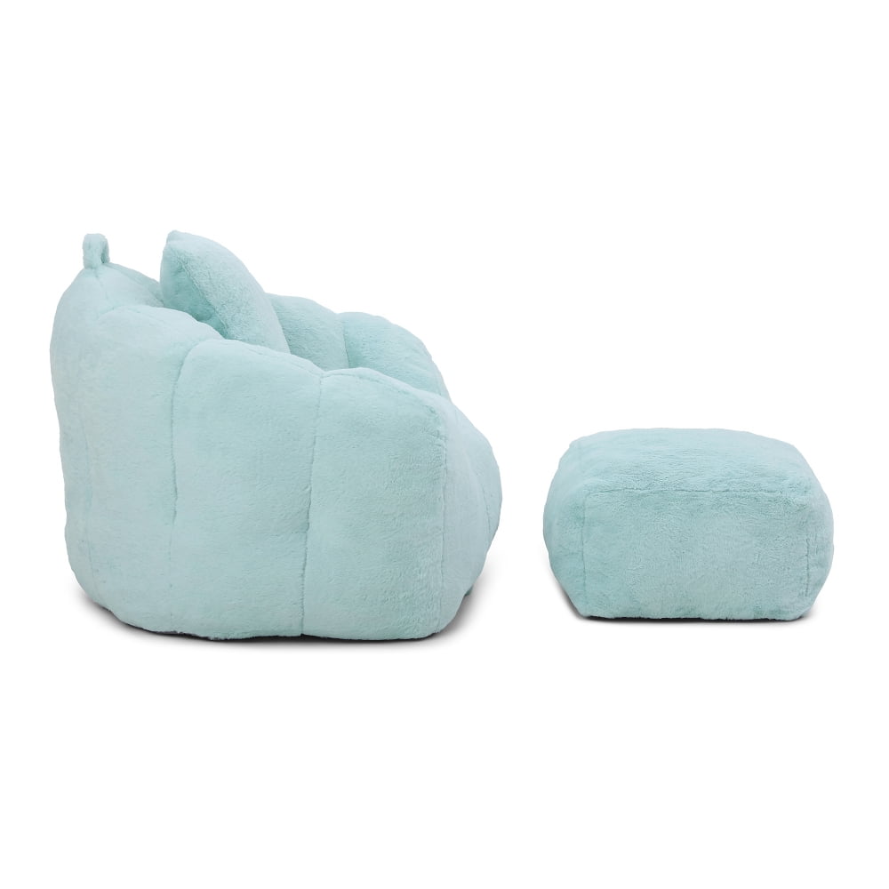 Giant Oversized Bean Bag Chair with Footstool - Faux Fur Shell-Shaped, Pre-Filled for Adults & Kids, Floor Sofa for Gaming, Reading, Living Room & Bedroom