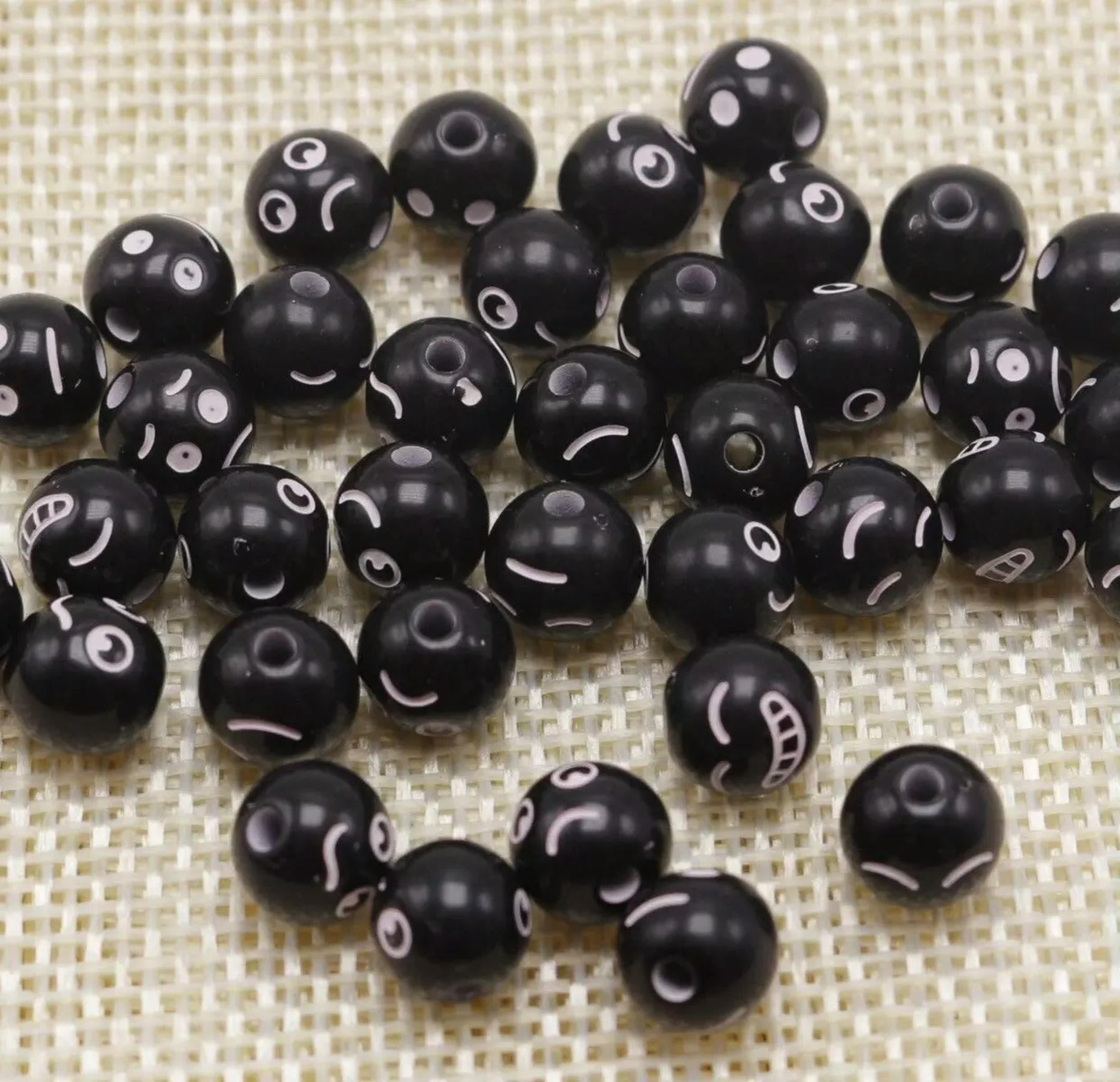 U8MO 200 Black Assorted Facial Expression Smile Round Beads 8mm(0.32") Kid Craft