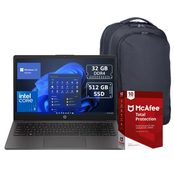 Laptop HP 240R G10 | 14" HD | Intel Core 3 100U 14ª Gen | 32GB RAM | 512GB SSD | Windows 11 | WiFi 6 | Teclado Español | Incluye Mochila + Antivirus