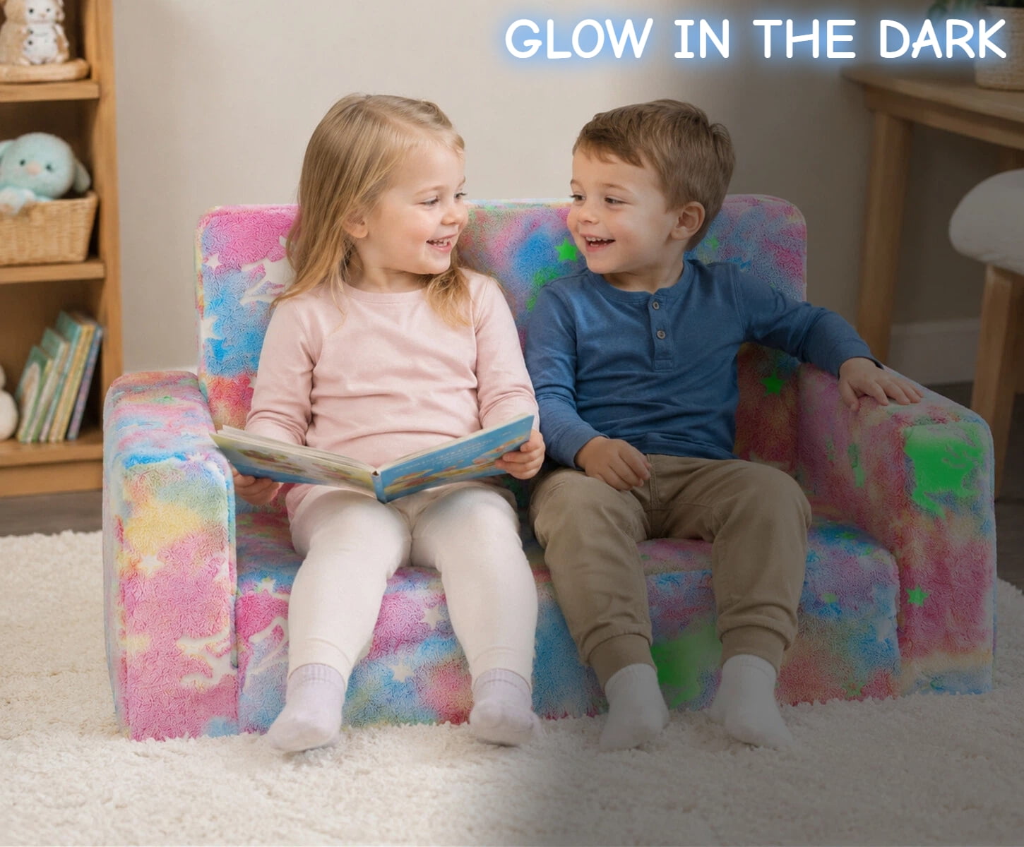 Kids Couch Toddler Chair Folding, Soft Couch 2 in 1 Kids Sofa Glow in The Dark Couch, Gifts Sleeper for Girls Boys - Pink Unicorn