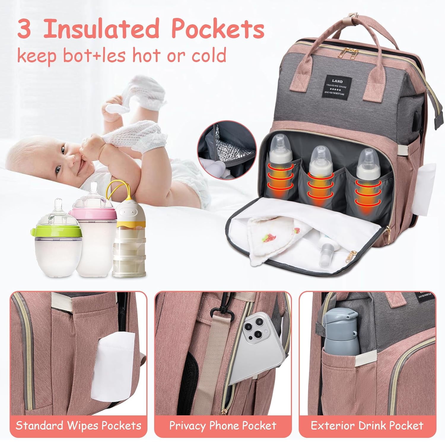 RSENFREMIOR Diaper Bag with Changing Station for Mom Dad, Large Capacity Travel Backpack with Foldable Crib for Girls Boys