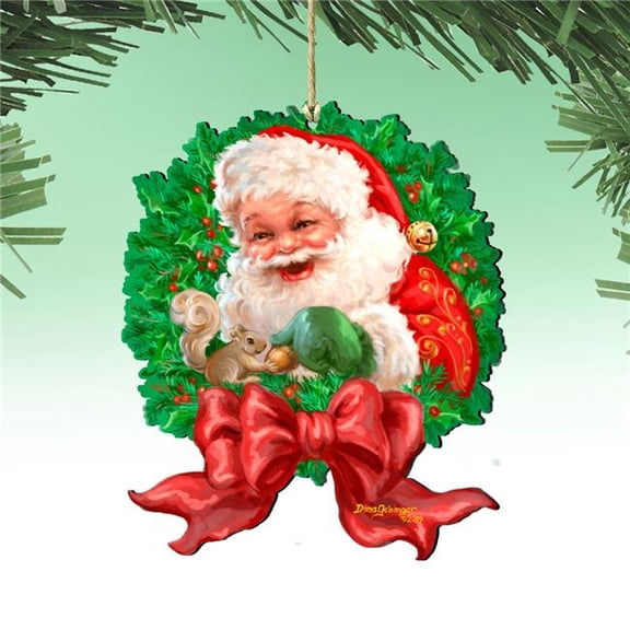 Designocracy Set of 2 Santa Berry Wreath Wooden Christmas Ornaments 5.5"