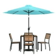 thumbnail image 2 of Merrick Lane Seven Piece Faux Teak Patio Dining Set - 35" Square Table, 4 Armless Stacking Club Chairs and 9' Teal Patio Umbrella & Base, 2 of 18