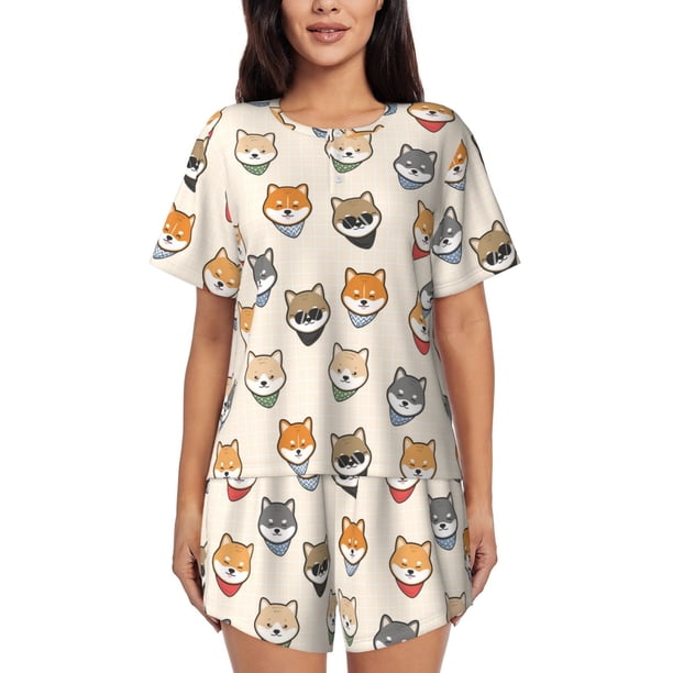 Fotbe Shiba Head Face Conjunto de Pijama Estampado para Mujer, 2 Piezas, Ropa de Dormir con Camiseta de Manga Corta y Shorts Suaves-Large