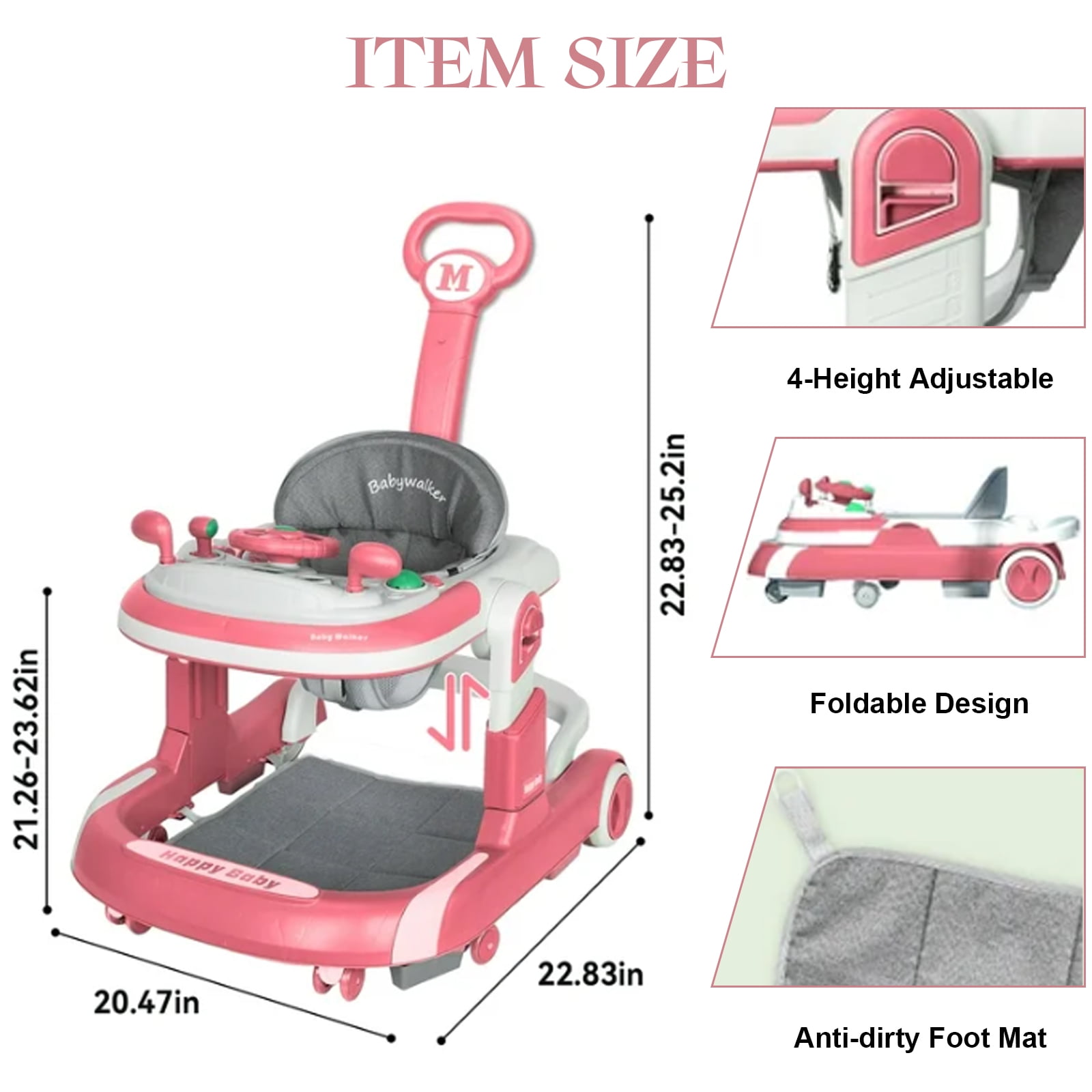 LUOLUO 5-in-1 Foldable Baby Walker with Foot Pads/Handles for Boys and Girls 6-24 Months,Height-Adjustable Push Walker, Pink