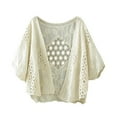thumbnail image 2 of Weikingp Womens Tops, Women's Embroidered Hollow Art Thin Top Cotton Short Bat Sleeve Cardigan Cardigan Sweaters for Women Shackets for Women 2024 Beige One Size, 2 of 3