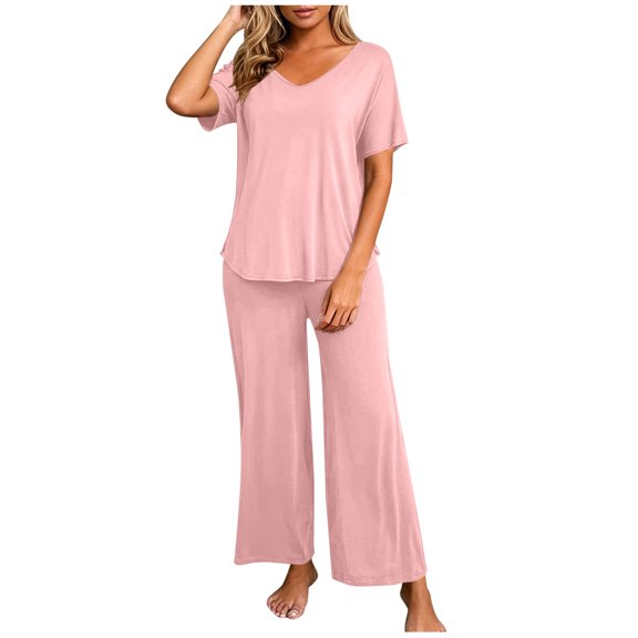 LckLvx Womens Lounge Set Short Sleeve Tops and Wide Leg Pants 2 Piece Matching Lounge Outfits