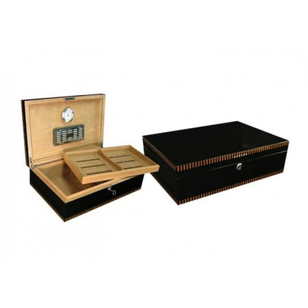 Black Finish Humidor - Brynmor Linear Inlay Design Cigar Humidor - Deep Black Lacquer Finish - Capacity: 120