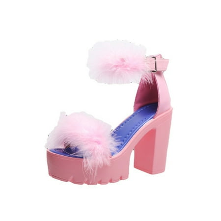 

Wazshop Ladies Dress Sandal Peep Toe Casual Shoes Wide Widths Heeled Sandals Breathable Ankle Strap High Heels Women Fashion Shoe Faux Fur Lightweight Pink 6