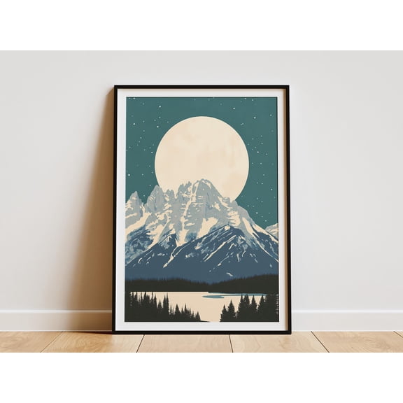 Grand Teton National Park Wyoming Moonlit Scene Poster Moon Landscape Print Mountain Wall Art Wyoming Art Print Travel Poster Home Decor - Poster Unframed