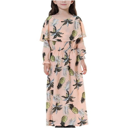 

Muslim Long Dress Middle Big Girls Long Sleeve Round Neck Lace Print Dress