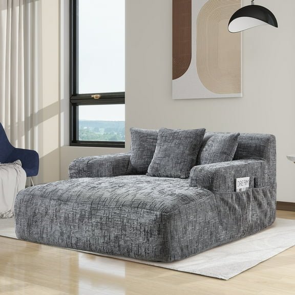 Homefun 61"Chenille Oversized Chaise Lounge Chair Indoor No Assembly Required Sofa Bed with side bag 3 Pillows