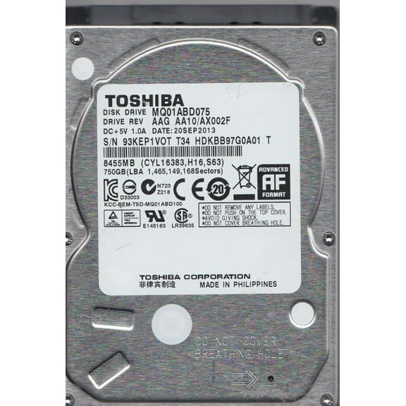 MQ01ABD075, AA10/AX002F, HDKBB97G0A01 T, Toshiba 750GB SATA 2.5 Hard Drive