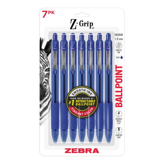 Zebra Pen Z-Grip Retractable Ballpoint Pens, 1.0mm Medium Point, Blue Ink, 7 Count