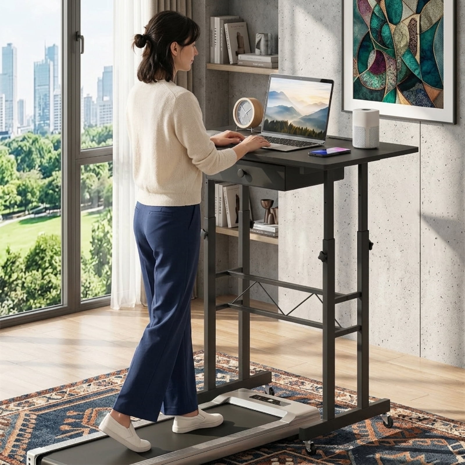 Furnibear Height Adjustable Standing Laptop Desk with Fabric Drawer Tablet Holder Lockable Wheels and Sit Stand Design for Home Office, Black