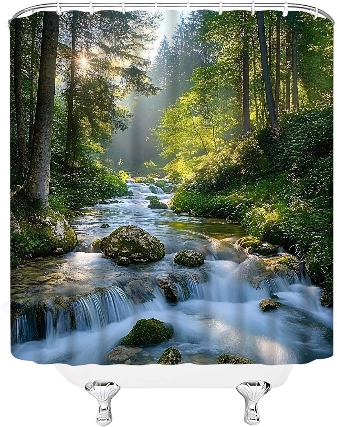 Forest Shower Curtain Nature Jungle Forest Waterfall Green Tree River Tropical Rainforest Scenery Fabric Bathroom Decor Set with Hooks-72"W x 72"L (Pack of 1)