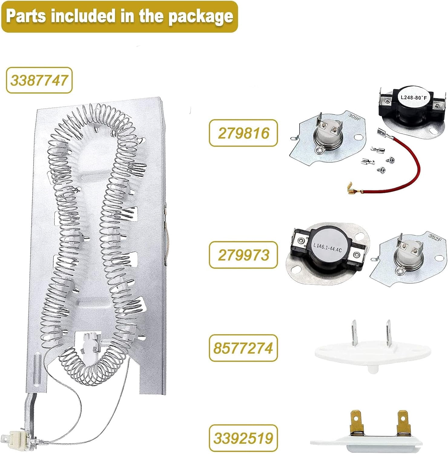 WP3387747 3387747 Dryer Heating Element Kit-Compatible With Whirlpool Cabrio Kenmore He2 Kenmore Elite He3 Maytag Dryers- GEW9250PW0 GEQ9800PW1 WD05X30818 GEQ9800PW2 GEQ9800PW1 MEDB835DW4