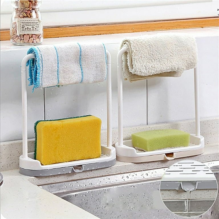 Kitchen Sink Organizer Sponge Holder with Towel Rack Countertop Sponge Brush  Soap Dish Rack Drainer Sink Tray with Drain Pan
