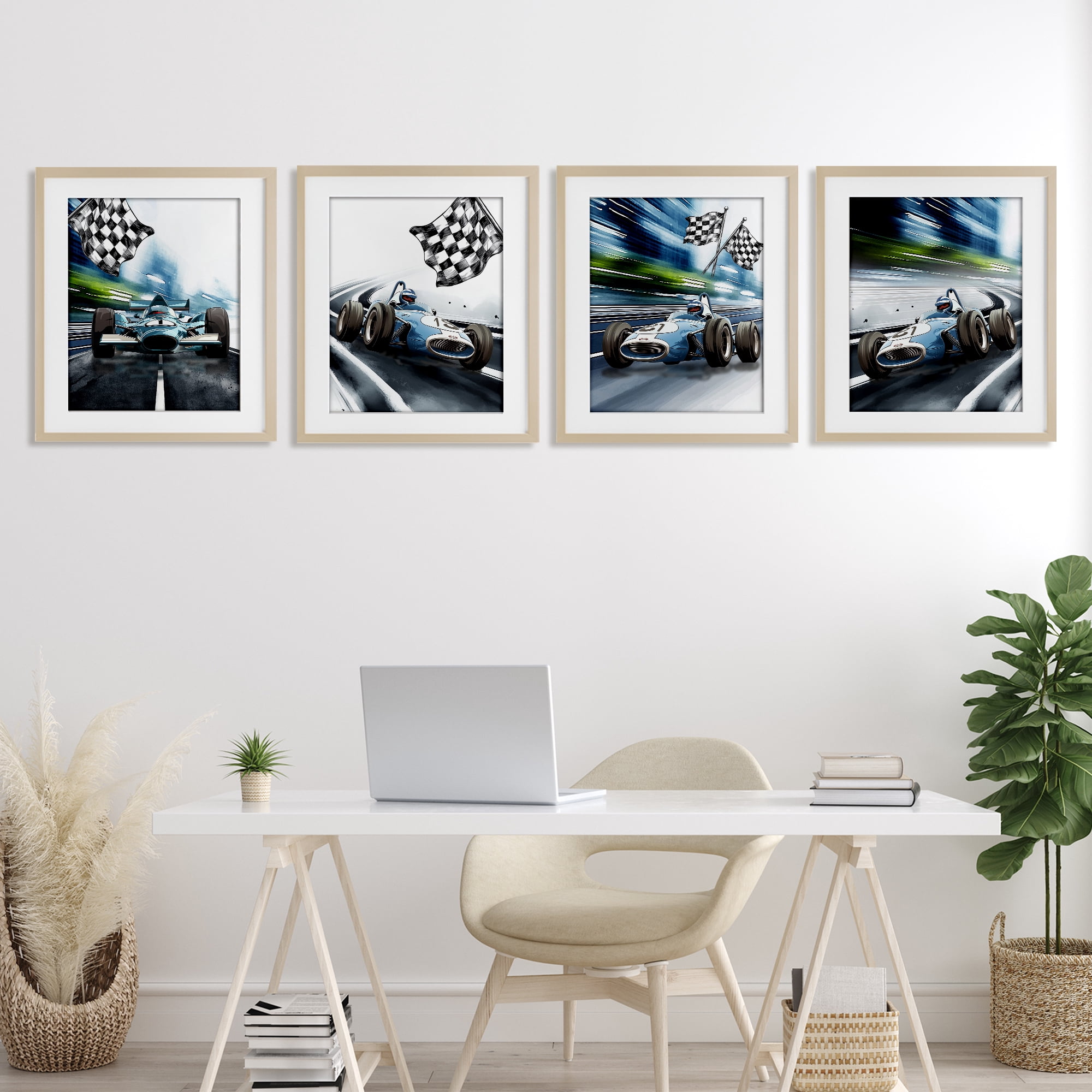 Stupell Industries Ready Set Racecars 4 Piece Birch Framed Print Under Glass Set, design by Christine Simpson Art