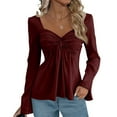 thumbnail image 6 of Long Sleeve Babydoll Tops for Women Sweetheart Neckline Peplum Tops Petite Knotted Wrap V Neck Shirts Wine S, 6 of 6