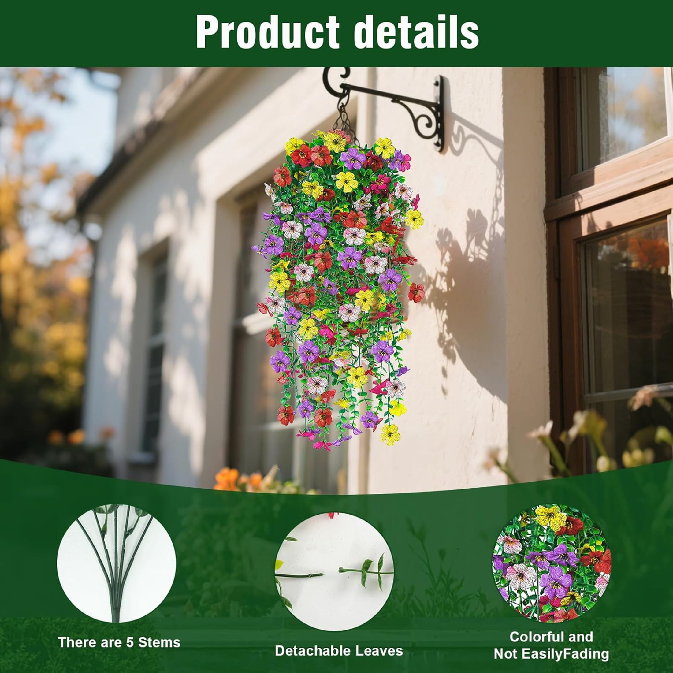CADODIS 6PCS Artificial Flowers Outdoor Spring Summer Decor Fake Hanging Plants UV Resistant Faux Plastic Greenery Hanging Flowers for Outside Gardens Porch Wall Home Indoor,Mixed Color