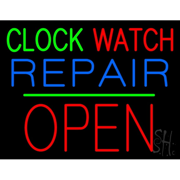 Clock Watch Repair Block Open Green Line LED Neon Sign 15 x 19 - inches, Clear Edge Cut Acrylic Backing, with Dimmer - Bright and Premium built indoor LED Neon Sign for Computer & Electronics store.