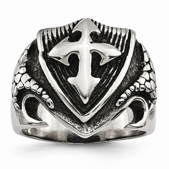 White Stainless Steel Ring Band Men's Antiqued Shield