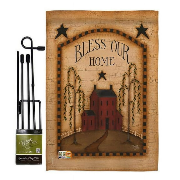 Breeze Decor BD-SH-GS-100073-IP-BO-D-US18-SB 13 x 18.5 in. Classic Bless Our Home Inspirational Sweet Impressions Decorative Vertical Double Sided Garden Flag Set with Banner Pole