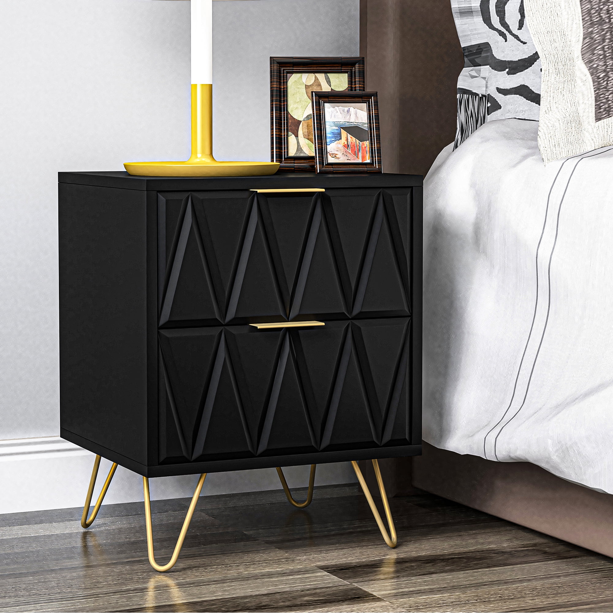 Spaco Nightstand with Drawers Bedside Tables Bedroom Nightstand, Black Spaco Nightstand with Drawers Bedside Tables Bedroom Nightstand, Black