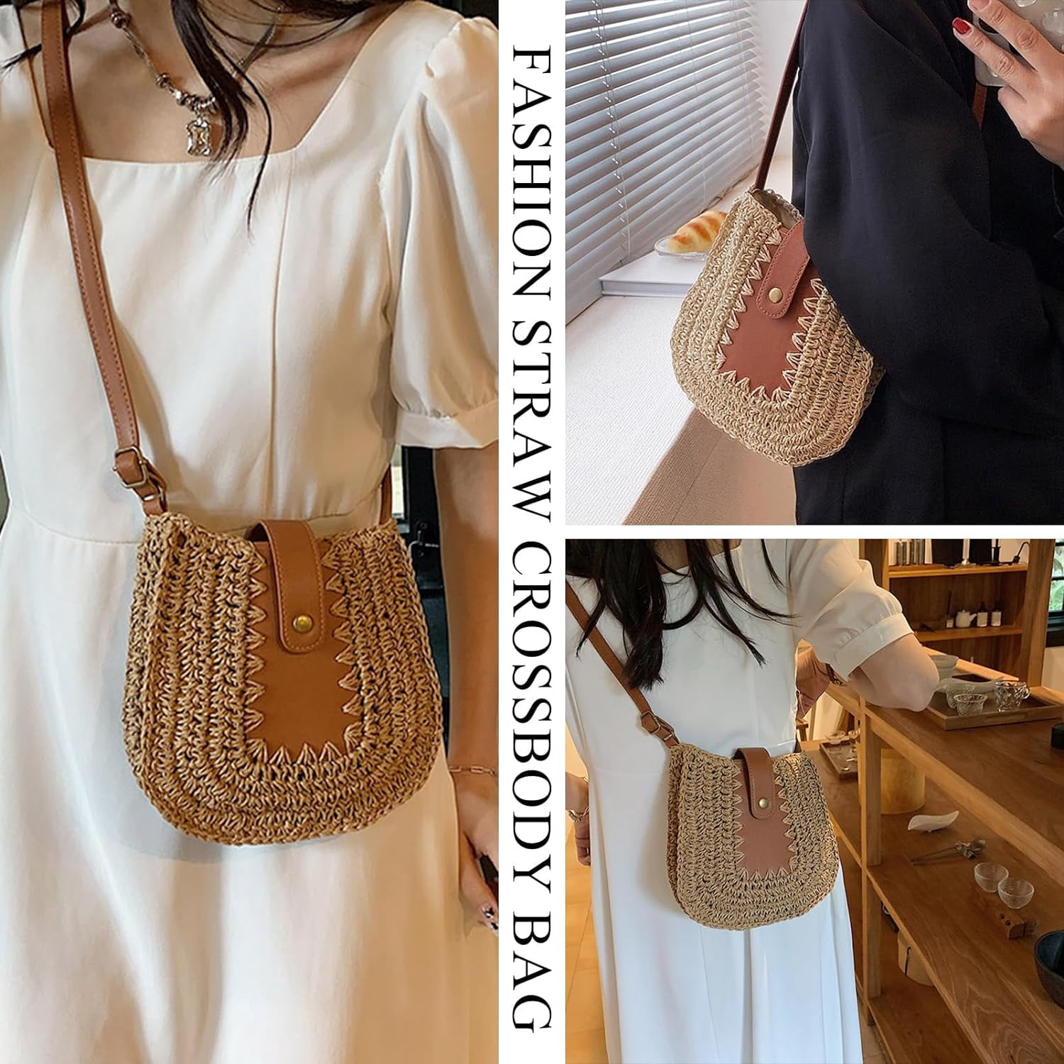 Straw Purses for Women, Summer Straw Crossbody Bag Purses Woven Straw Beach Bag for Vacation