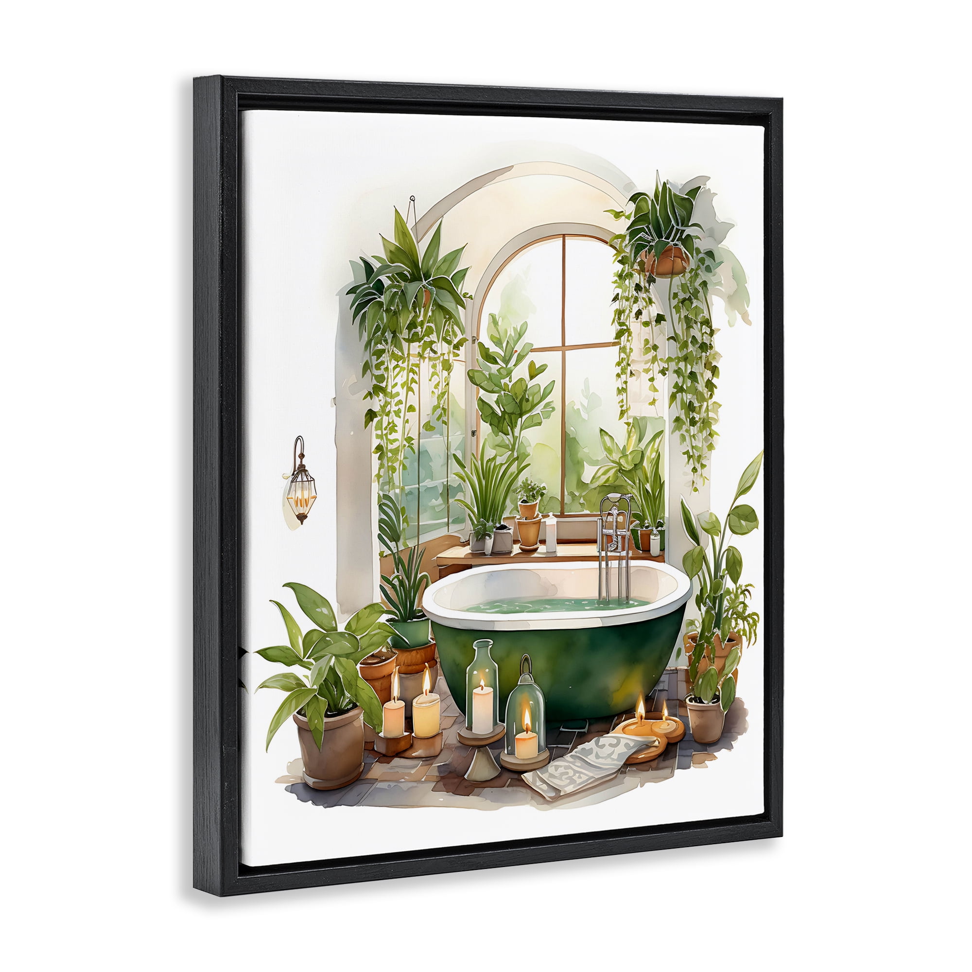 Tranquil Tub with Candles & Greenery Black Framed Floater Canvas Wall Art, design by Lettered and Lined