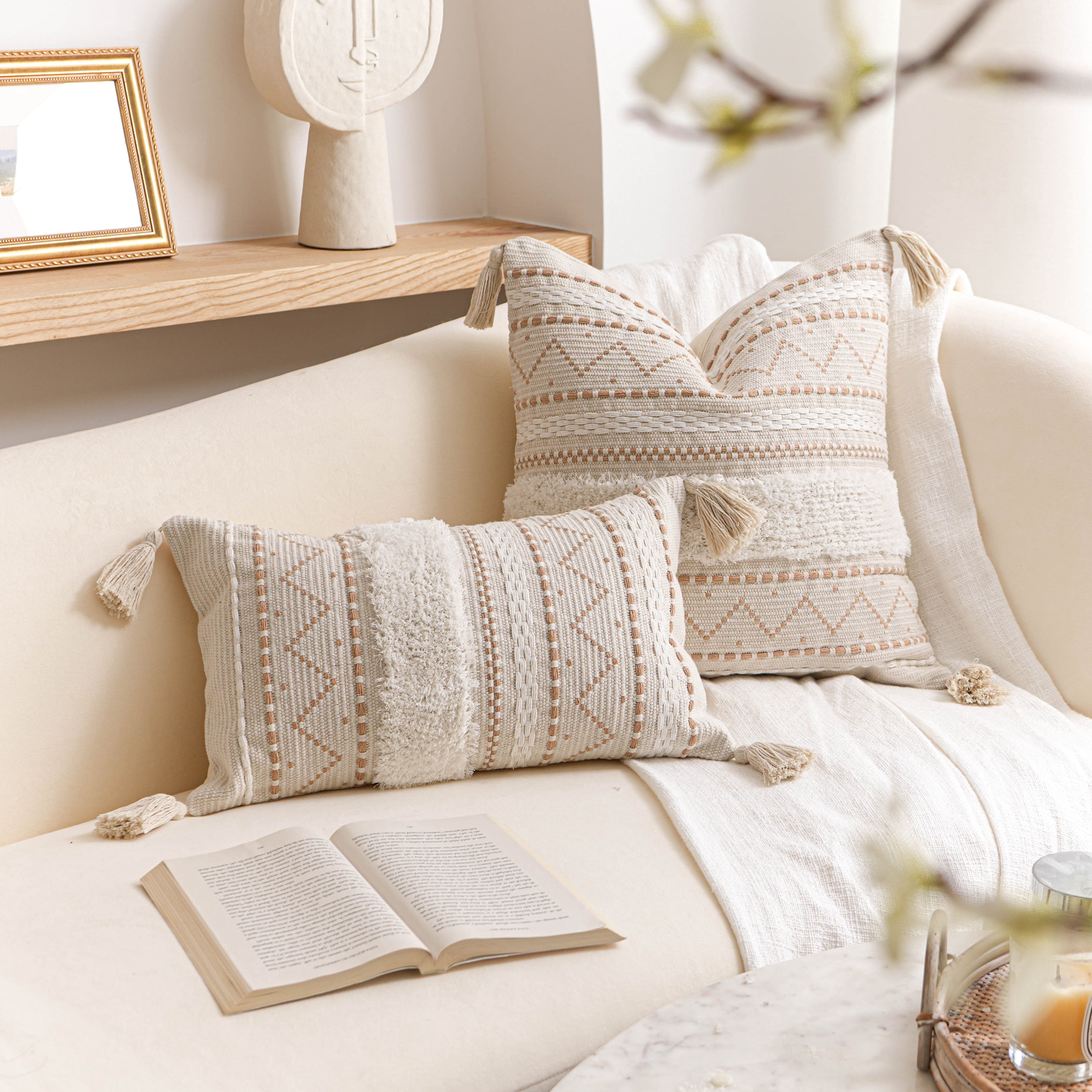 BlissBlush Decorative Throw Pillow Cover 18X18 Combo Set of 2 Square Cream Neutral White Boho Accent Pillowcase Tassels Farmhouse Cushion for Couch Sofa Bedroom Living Room Home Décor Cover ONLY
