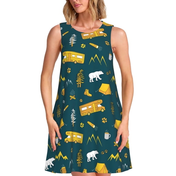 Ratiio Camping Pattern Women's Sleeveless Dress - Casual Summer Dress with Pockets, Above Knee Length, Round Neck, Ideal for Beach, Vacation, Work