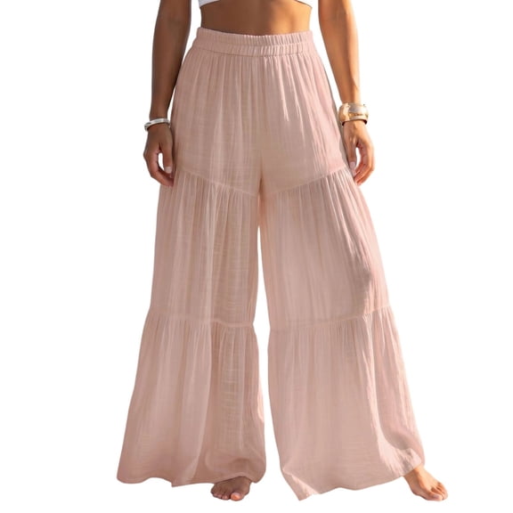 Levmjia Women's Casual Solid Color Wide Leg Pants High Waisted Elastic Waist Tiered Pleated Trousers Loose Fit Flowy Lounge Pants for Summer Vacation