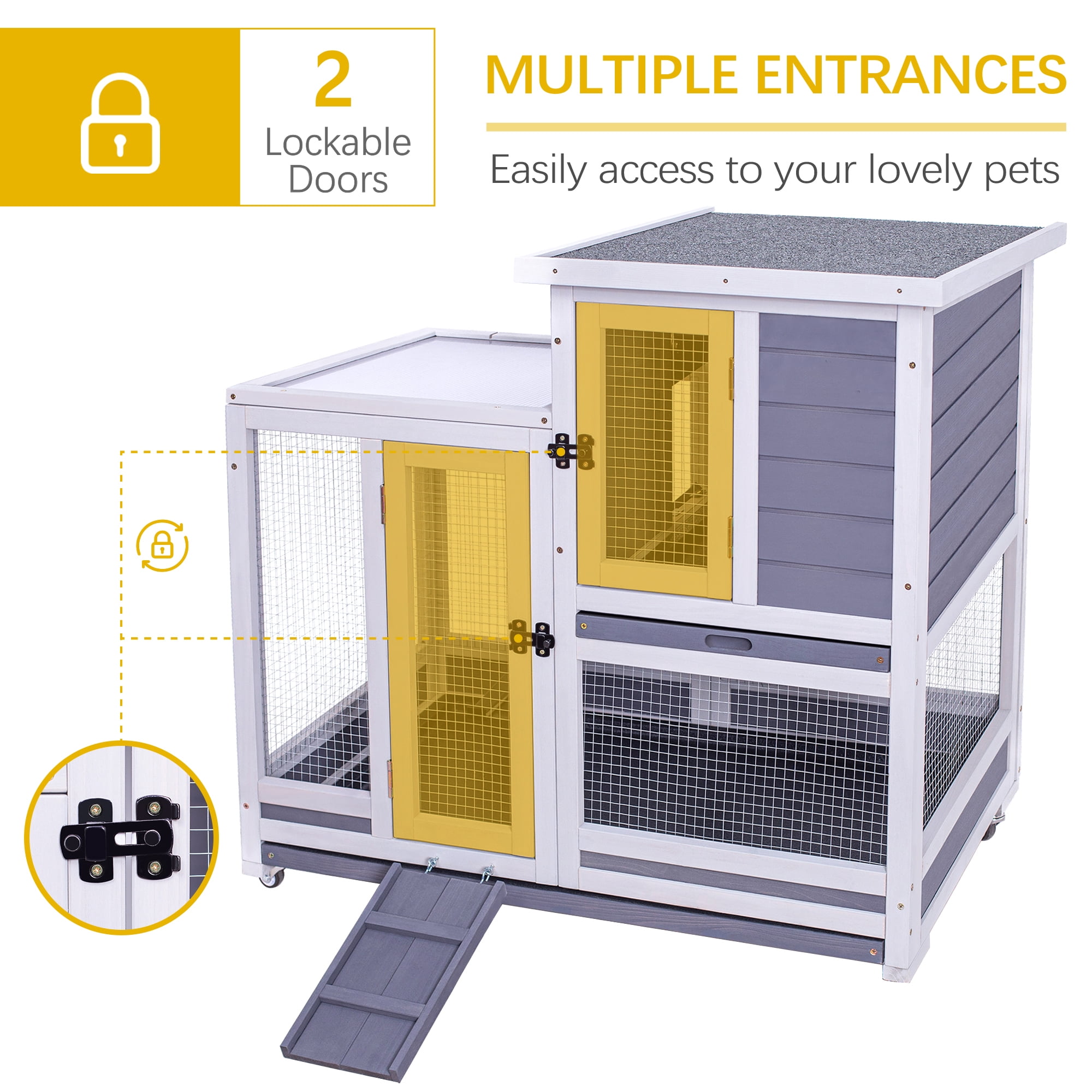 GEGURI Rabbit Hutch, Two-Story Indoor Bunny Cage, Outdoor Guinea Pig Cages for Small Animals with Wheels, Removable Tray