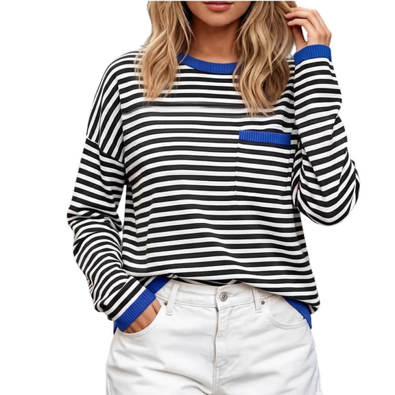 Horkkom Sweatshirt for Women Casual Crewneck Trendy Pullover Tops Striped Comfy Long Sleeve Sweatshirt M