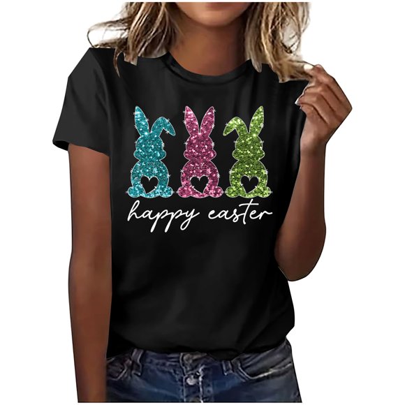 Tnhcen T-Shirts d'Été pour Femmes avec Imprimé Lapin Mignon / Grande Taille Amical S-3TG / Polyester Spandex Mélange Basique