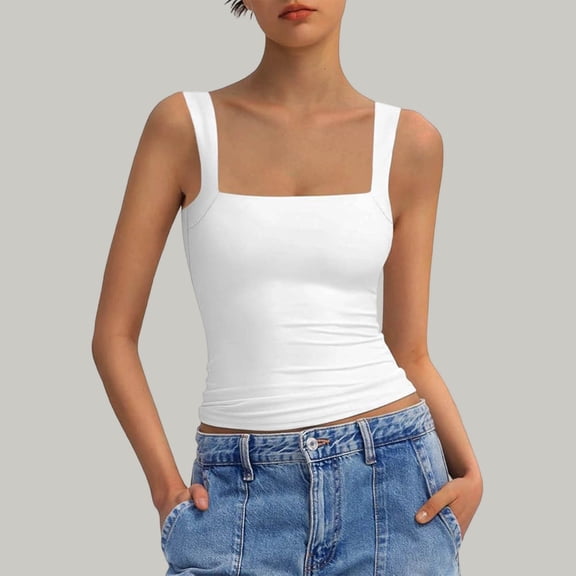 Vmvidoty Summer Women Tank Top Square Neck Sleeveless Basic Tight T Shirts White S