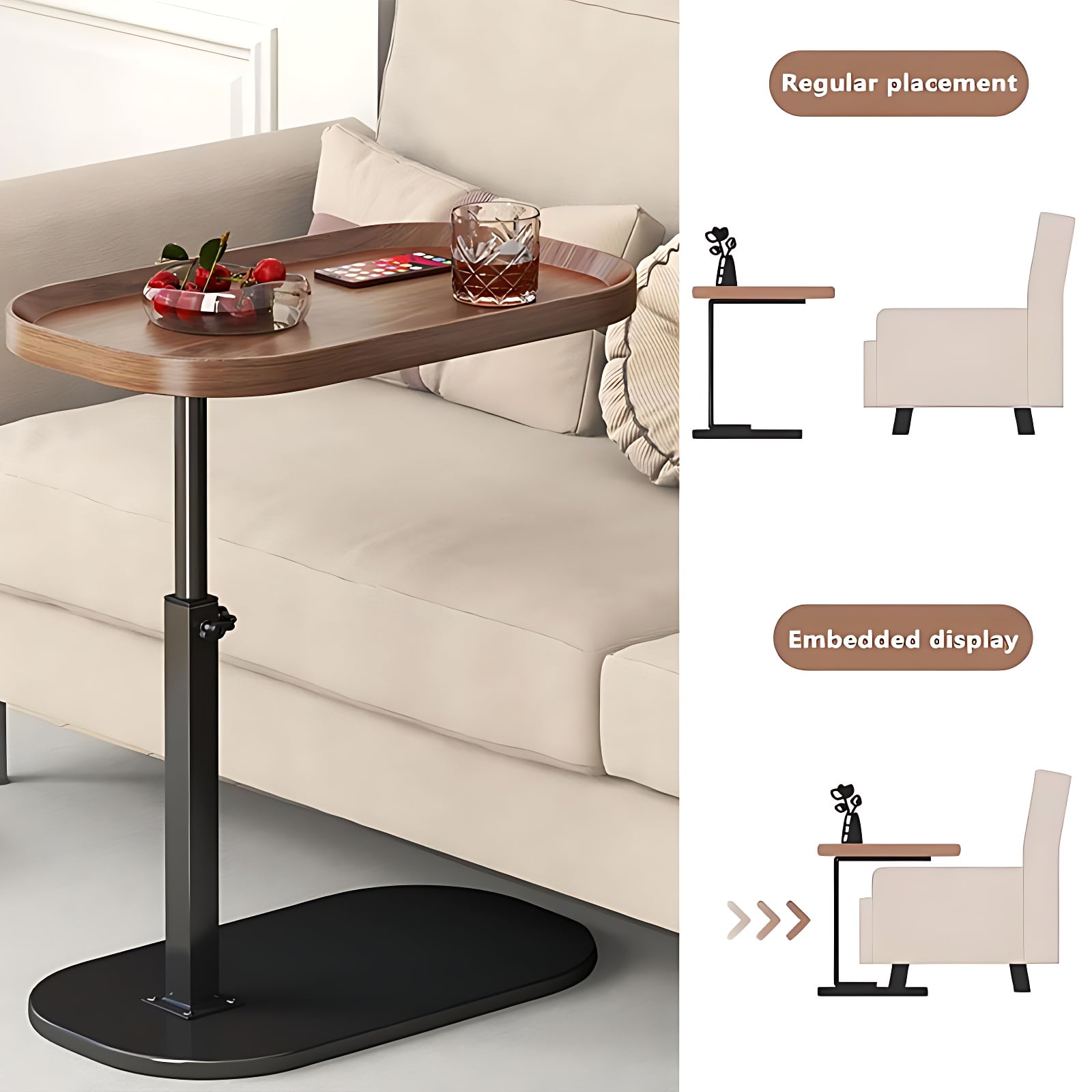 Yabanana C Shaped Side Table End Table, 360° Swivel and Adjustable