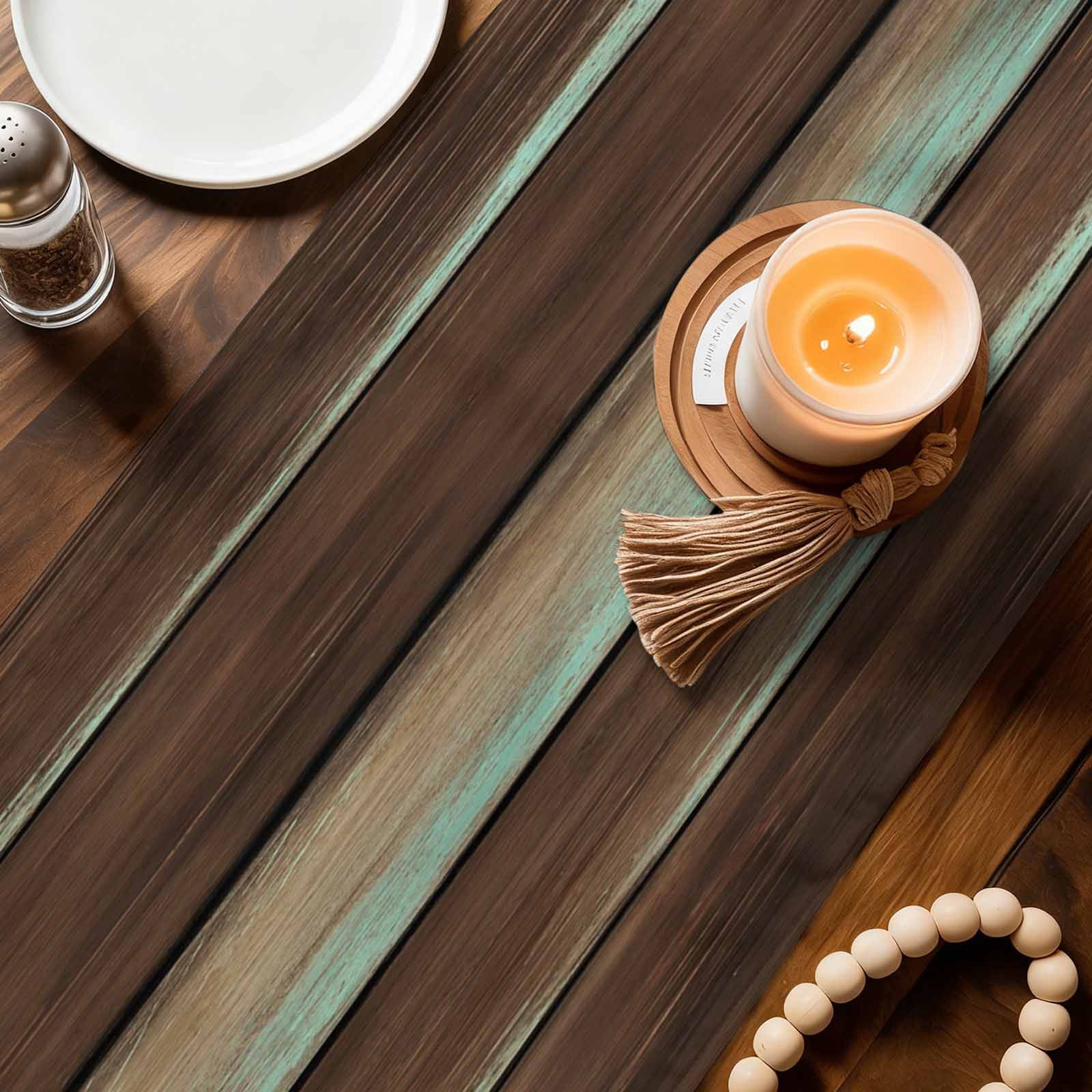 Table Runners 120 Inches Long, Brown Teal Wooden Cotton Linen Kitchen Dining Coffee Table Runner for Party Home Decor, Vintage Farmhouse Retro Art Tabletop Dresser Scarves Runner Decor 13x120 Inch