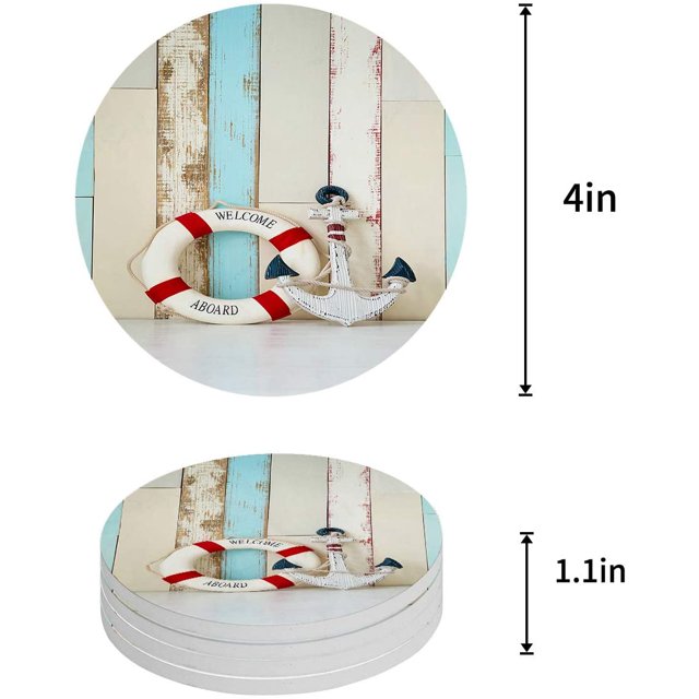 RYLABLUE Ancre Welcome Board Ensemble de 4 Coaster Rond pour les Boissons, Absorbant en Céramique Coasters en Pierre Tapis de Tasse avec Base en Liège pour la Maison Cuisine Salle Café Table Décor de Bar