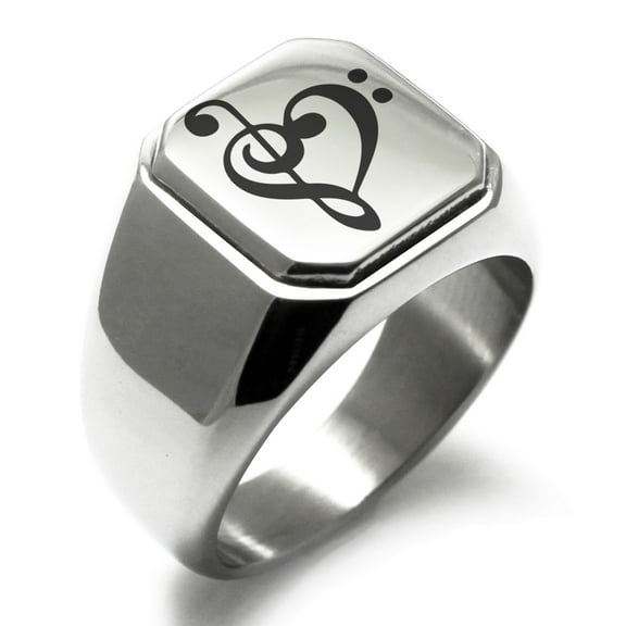 Stainless Steel Treble Bass Clef Musical Heart Engraved Square Flat Top Biker Style Polished Ring