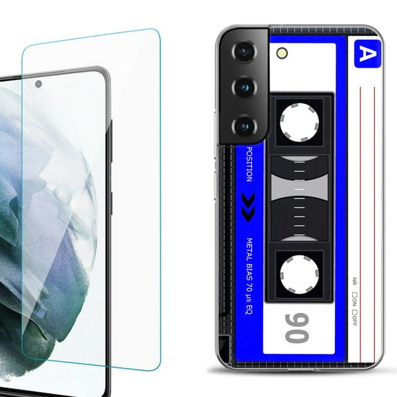 Slim-Fit Fashion Gel Phone Case for Samsung Galaxy S22 5G / S22 Plus 5G, with Tempered Glass Screen Protector, by OneToughShield ® - Cassette Blue