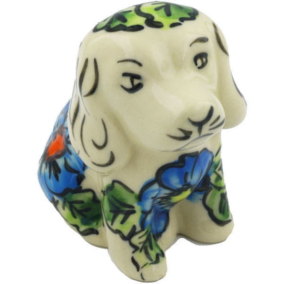 Polish Pottery 3¾-inch Dog Figurine (Bold Blue Poppies Theme) Signature UNIKAT Hand Painted in Boleslawiec, Poland Certificate of Authenticity