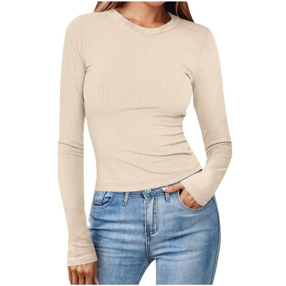 Levmjia Womens Tops Round Neck Long Sleeve Cotton Casual Blouse Solid Color Basic Shirt Comfortable Breathable Work Office Travel Loose Fit All Season Fashion Tee