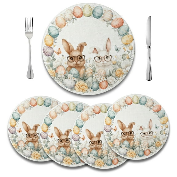 MIZHONA Spring Easter Round Placemats Set of 4,Happy Easter Funny Rabbit and Eggs Table Place Mats 14 inch
