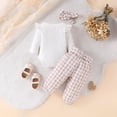 thumbnail image 4 of CAICJ98 Newborn Baby Girl Fall Clothes Solid Color Romper Bow Floral Plaid Print Pants Headband Sets Infant Winter Spring Outfits (White,0-3 Months), 4 of 7