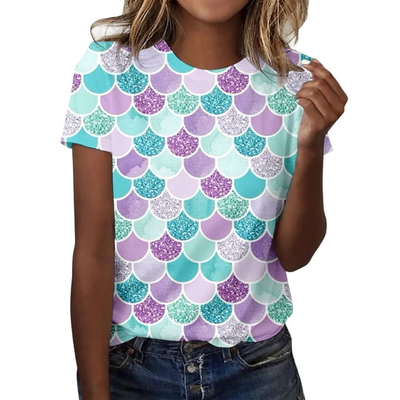 Wang6 Womens Plus Size Short Sleeve Graphic Tees Causal Sparkle Fish-Scale Printed Tshirts Summer Loose Fit Crew Neck Tops Shirts Multicolour1 XL