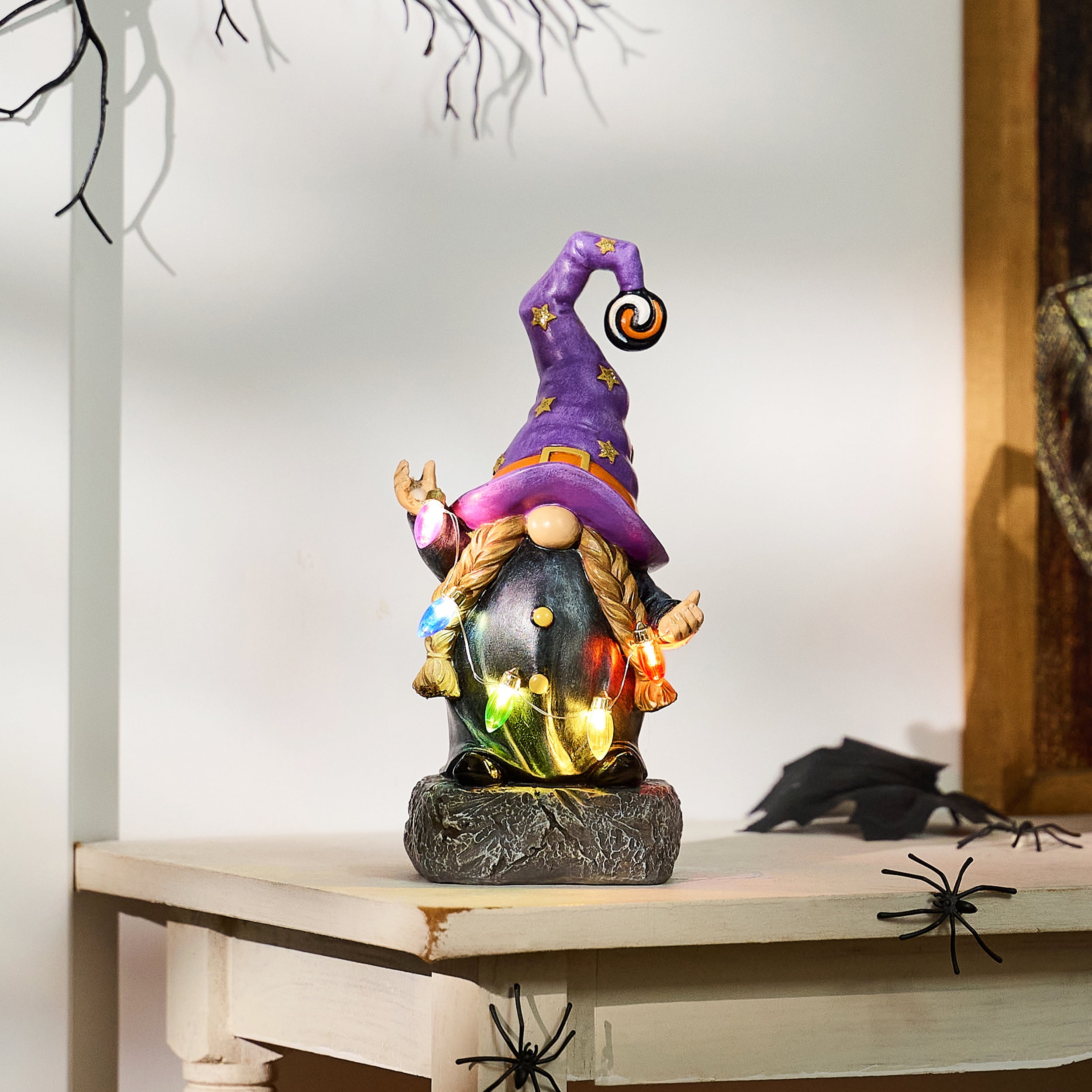 Teresa's Collections 8.8 inches Halloween Gnome Lighted Witch Hat Gnome Garden Statue Halloween Decor with Solar Colorful String Lights for Yard Patio Halloween Party Decoration