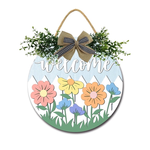 Floral Welcome Wooden Front Door Sign Rustic Round Wreath Wall Hanger Porch Decor Spring and Summer Farmhouse Decoration Housewarming Gift 11 Inches